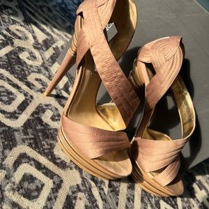 H by Halston blush satin platform heels